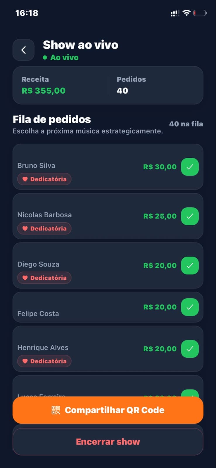 Receba pedidos em tempo real, organizados em fila enquanto você toca.